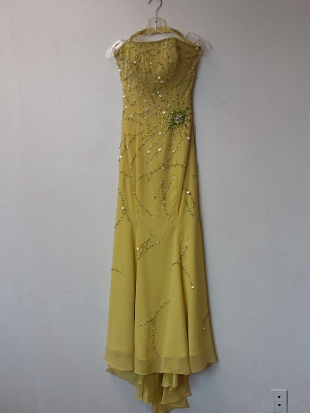 Riva Designs Lemon Yellow Beaded Halter Maxi Gown